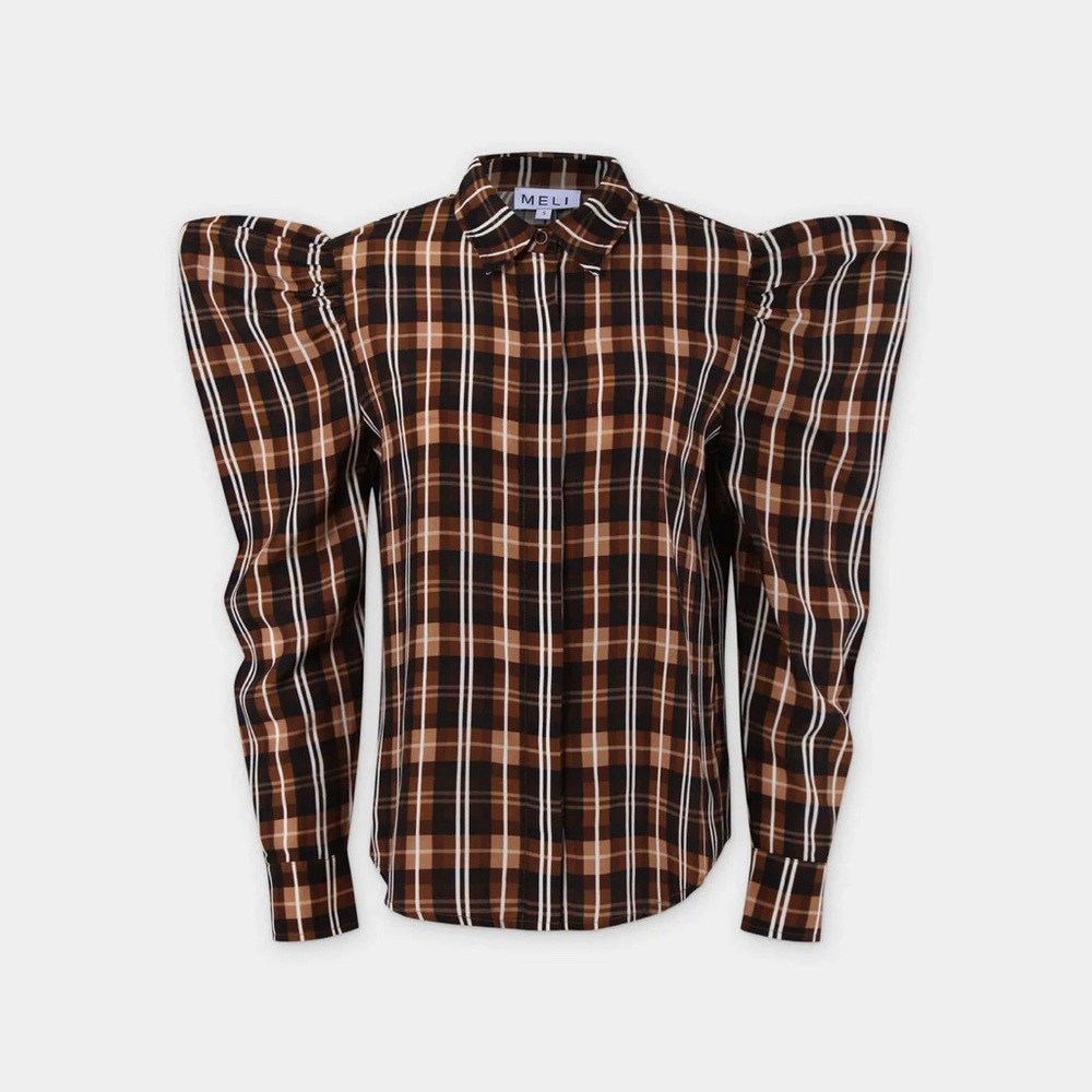 PUFF SLEEVE BLOUSE-BROWN PLAID